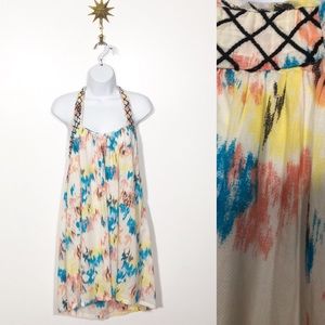 Roxy pastel ikat embroidered high low halter dress